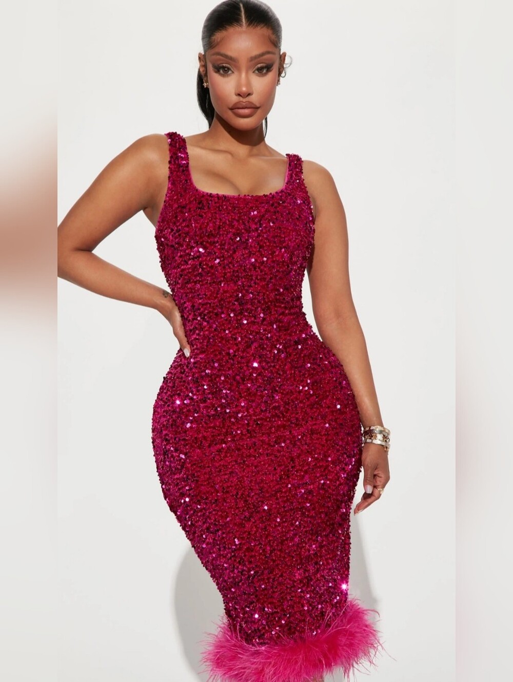 Fashion Nova Dress, New! Size XL, Magenta Pink, Sequins Feathers - Picture 1 of 10